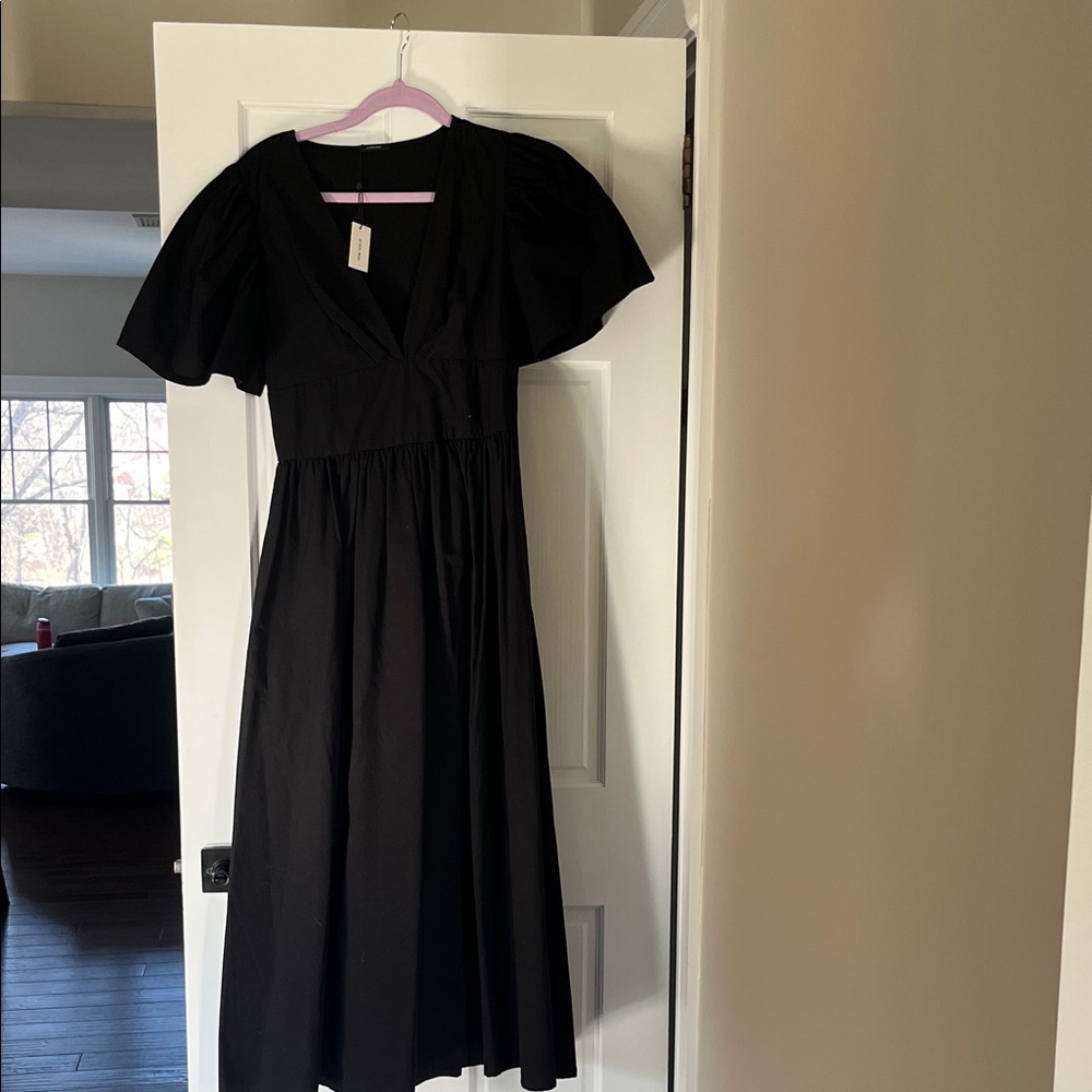 Women's Black V-Neck Puff Sleeve Midi Dress